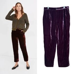 NWT Madewell Velvet Tapered Pleat Pull On L Pants Burgundy Maroon Wine